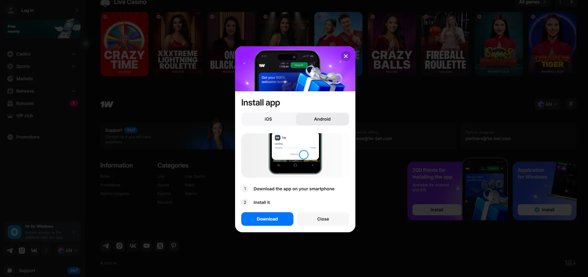 1win mobile app for Android and iOS